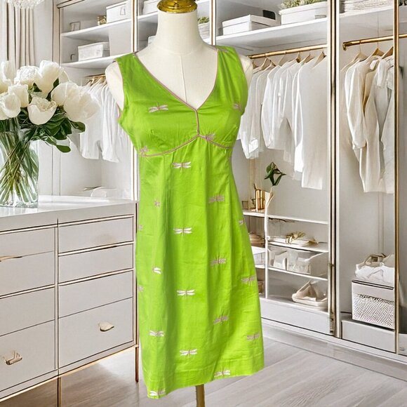 Vintage Lilly Pulitzer Green Pink Dragonfly Dress White Label in Size 4 Petite - Picture 2 of 7